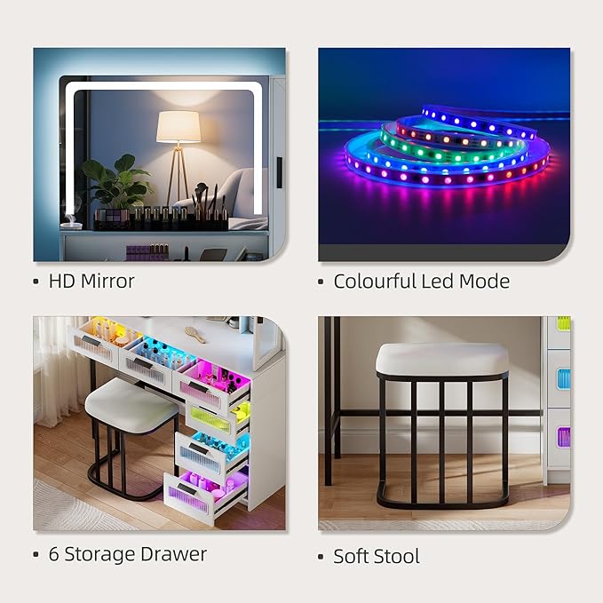 LED Make Up Vanity Desk with Mirror and Light, Smart Dressing Table with 6 Drawers, 3 Shelves, 24 Color Lighting Modes, Cushioned Stool, USB Type-C Storage for Bedroom Dressing Room White
