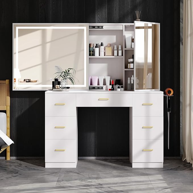 Vanity Desk with Lighted Mirror and Charging Station&Glass Tabletop, Sliding Mirror Makeup Vanity Table, Dressing Table with Hidden Storage Cabinet, Brightness Adjustable(Glass Tabletop-No Stool)