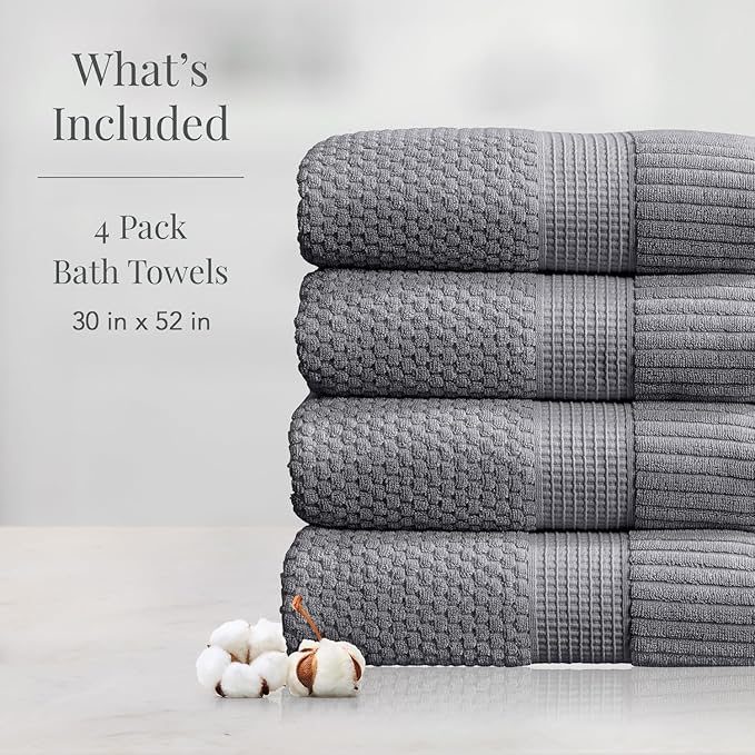 NY Loft 100% Cotton Bath Towel 4 Pack | Super Soft & Absorbent Quick-Dry Bath Towels 30" x 52" | Textured and Durable Cotton | Trinity Collection (4 Pack Bath Towel, Charcoal Grey)