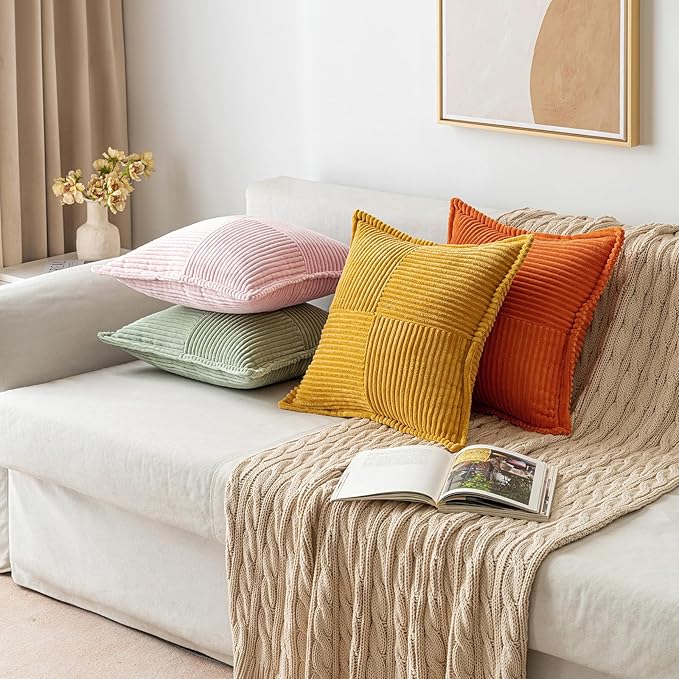 MIULEE Decorative Throw Pillow Covers for Couch Bed Livingroom 18x18 Inch Set of 2 Pink Boho Accent Throw Pllows Broadside Striped Patchwork Soft Corduroy Pillowcases