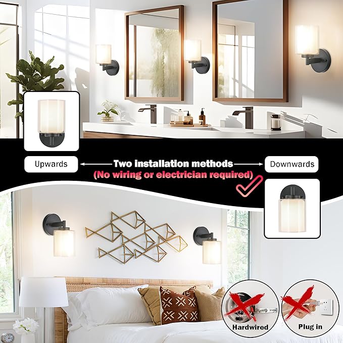 Battery Operated Wall Sconce Set of 2, Wireless Wall Sconce with Remote,10000mAh Rechargeable RGB Dimmable Bathroom Light Fixtures with Double Clear Glass Shade NOT Hardwired