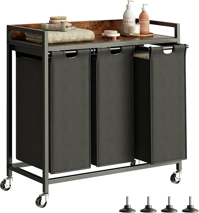 Laundry Hamper with Shelf, Laundry Basket 3 Section, Laundry Sorter with Pull-Out Removable Large Bags and Movable Wheels, Metal Frame, 3 x 15.87 Gallons (60L), Rustic Brown + Blck PF04XLY