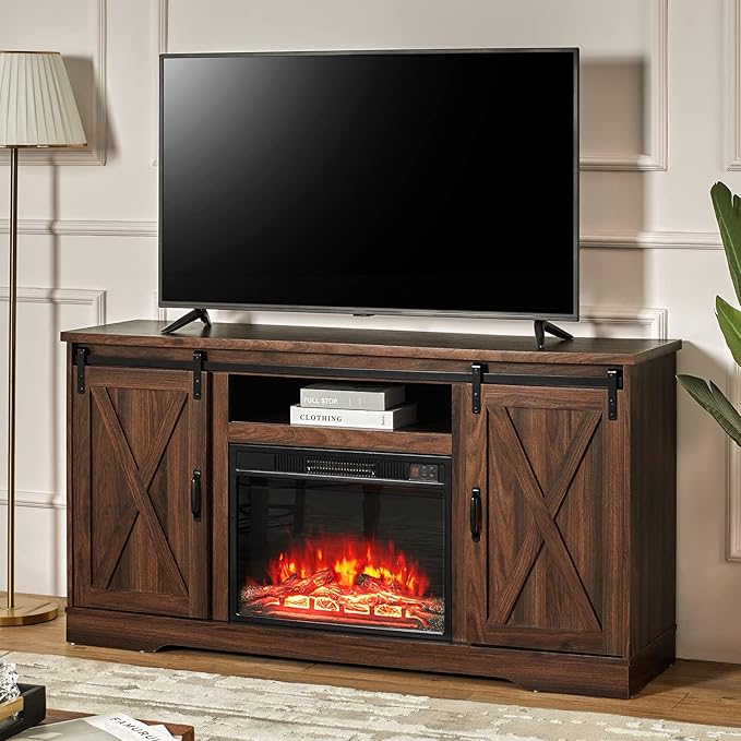 AMERLIFE Fireplace TV Stand with Sliding Barn Door for TVs up to 65", Farmhouse 59" Fireplace Entertainment Center with Storage Cabinets/Adjustable Shelves, Dark Walnut