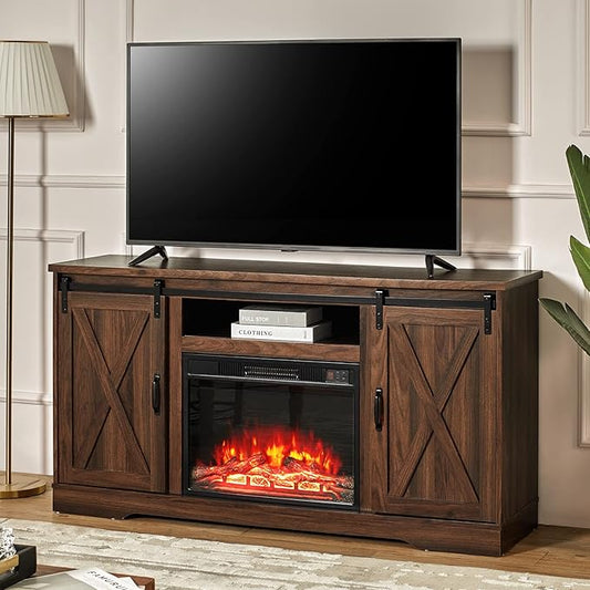 AMERLIFE Fireplace TV Stand with Sliding Barn Door for TVs up to 65", Farmhouse 59" Fireplace Entertainment Center with Storage Cabinets/Adjustable Shelves, Dark Walnut