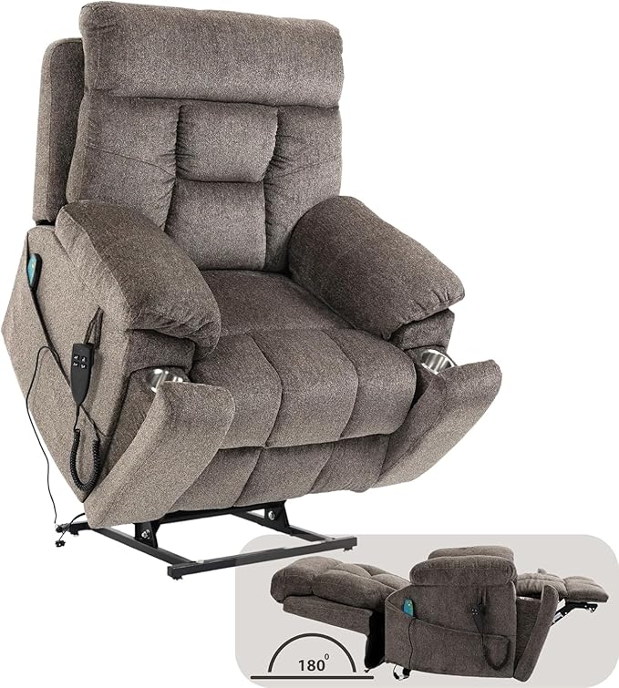 Dual Motor Lay Flat Lift Chairs Recliners - Extra Wide Big Man Recliner with Heat & Massage - Hidden Cup Holder - 400 lbs Capacity