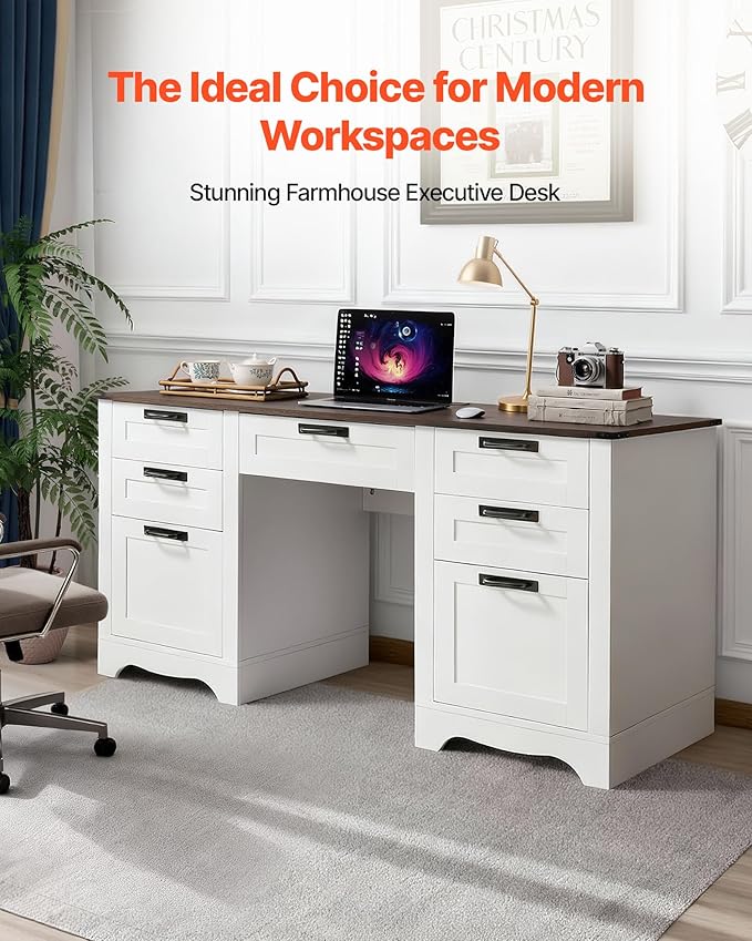 VEVOR 60" Executive Desk with Drawers, Farmhouse Home Office Desk with Charge Station, Keyboard Tray, File Storage Cabinet, 200 LBS Load Capacity Wood Table, Easy Assembly, for Work Study, Walnut
