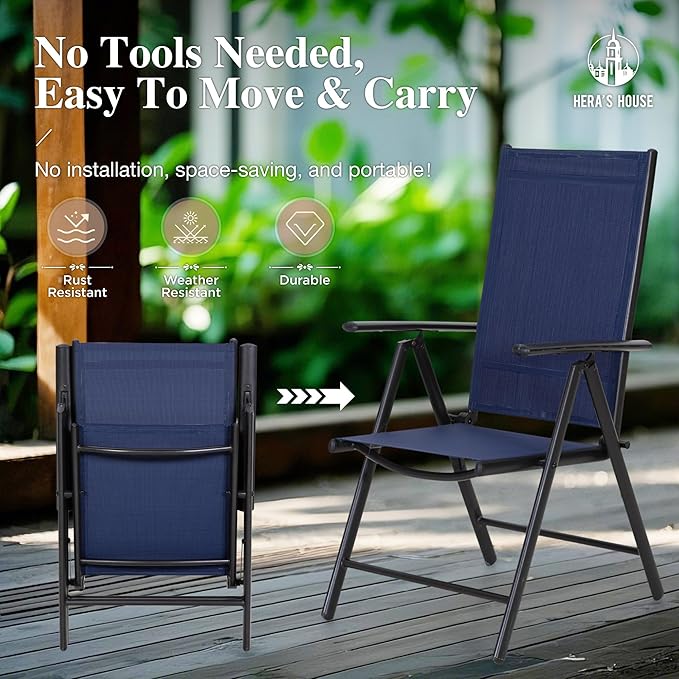 HERA'S HOUSE 7-Piece Outdoor Dining Set for 6, 60" Weather-Resistant Metal Patio Table with 6 Foldable Blue Chairs, Perfect for Garden, Backyard, Porch & Lawn (Space-Saving Design)