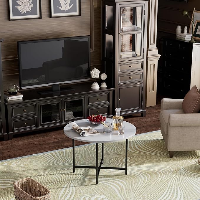 Round Coffee Table, Small Coffee Tables for Living Room, Low Wood Coffee Table with Metal Frame, Floor Table Desk for Sitting on The Floor, Home, Office, Rustic Brown (23.6" D x 17.7" H)