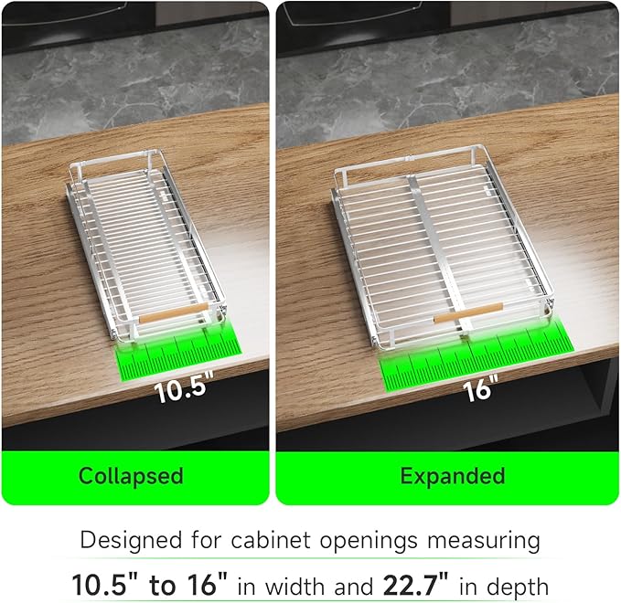 Expandable Pull Out Drawers for Cabinets, Kitchen Cabinet Slide Out Shelves, Adjustable Roll Out Drawers, Stainless Steel, Small 2 Pack, (10.5"-16") W * 22.7"D
