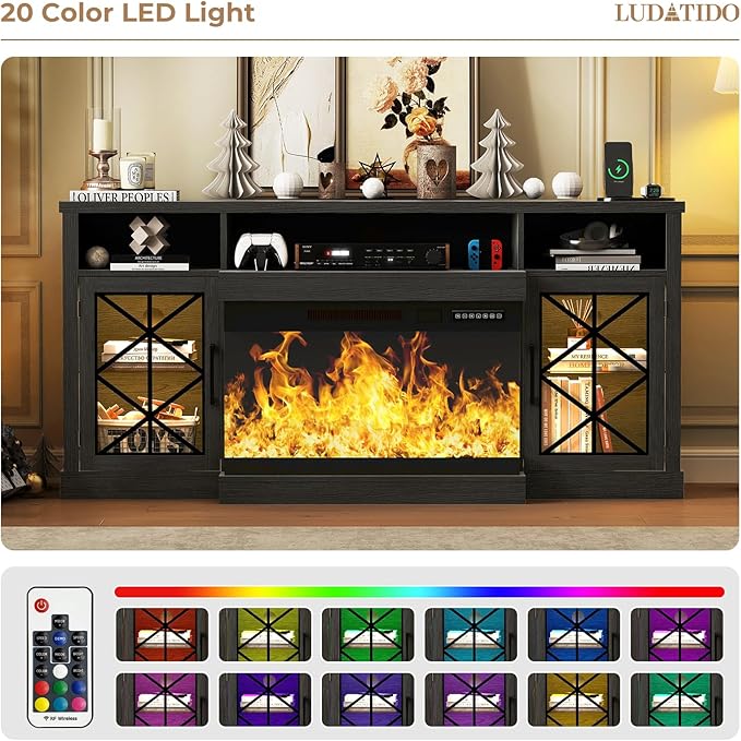 Ludatido 65 Inch FireplaceTV Stand with 3-Sided Glass Insert, Storage Cabinets & Drawers, Fits TVs up to 75", Remote & Touch Control, White Entertainment Center with USB&AC Power Interface, Black