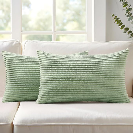 Mecatny Corduroy Decorative Throw Pillow Covers 12x20 Set of 2 for Sofa Living Room, Soft Neutral Boho Couch Pillow Covers for Home Decor, Sage Green