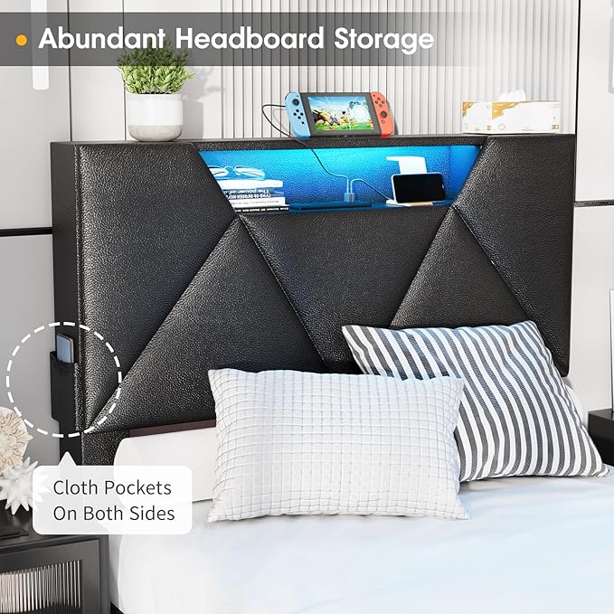 Vabches Twin Bed Frame with Storage Headboard and 4 Drawers,Upholstered Platform with Charging Station and Led Lights,Adjustable Headboard with Pu Leather,No Box Spring Needed,Black