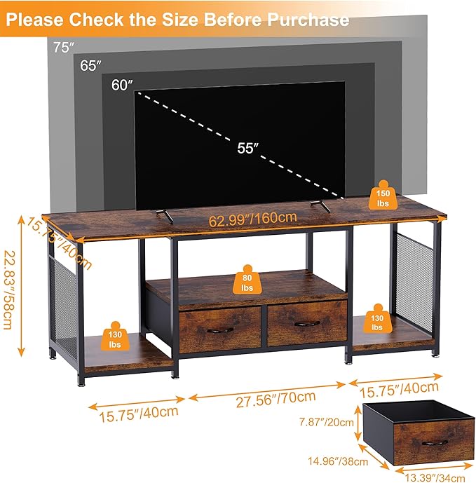 TV Stand with Drawers and Open Storage Shelves for 75 70 65 Inch TV, Entertainment Center with Open Storage Shelves, Industrial Media TV Console Table for Living Room Bedroom Office, Rustic Brown