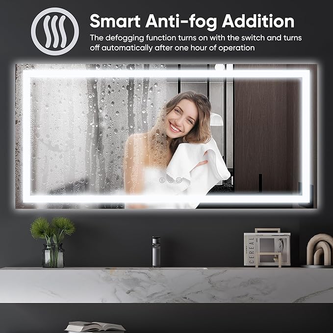 Antok 72"x 36" LED Bathroom Mirror with Lights, Anti-Fog, Dimmable, Lighted Vanity Mirror with Tempered Glass, Memory Function, 3 Light Modes, Safe Use, Horizontal, Vertical