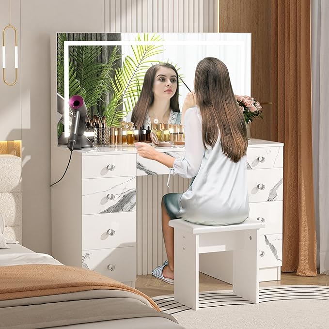 VOWNER Vanity with Lighted Mirror - 47" Makeup Vanity Desk with 9 Drawers and Power Outlet, 3 Color Lighting Modes Adjustable Brightness, Makeup Desk with Soft Cushioned Stool for Bedroom, Marble