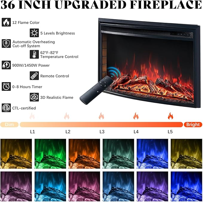 70" Farmhouse Curved Fireplace TV Stand, LED Light Entertainment Center Table with 36'' Upgrade Electric Fireplace TV Console Cabinet for TVs Up to 80", Antique White Barnwood