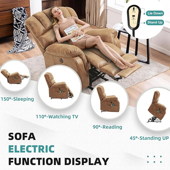MEETWARM Large Power Lift Electric Recliner Chair with Extended Footrest for Elderly, Big and Tall Lift Chair for Seniors Reclining Chair for Living Room with Massage and Heated,USB Ports(Sand)