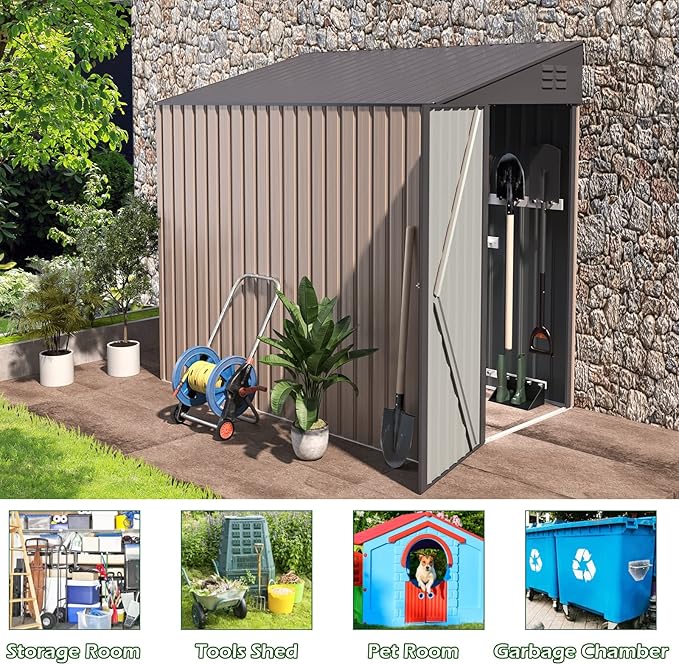 AECOJOY 4' x 6' Lean to Shed - Small Metal Shed & Outdoor Storage Cabinet for Garden, Backyard Use in Grey