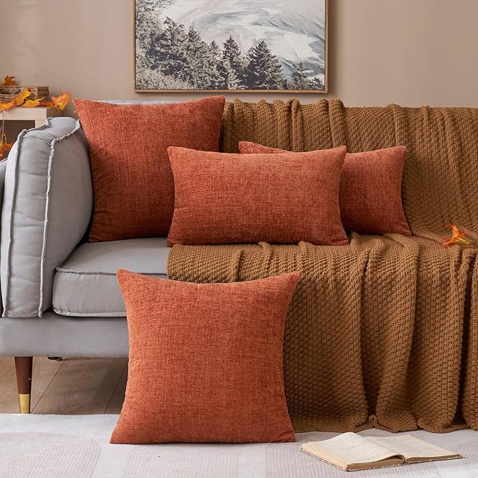 MIULEE Fall Pack of 2 Couch Throw Pillow Covers 16x16 Inch Soft Burnt Orange Chenille Pillow Covers for Sofa Living Room Solid Dyed Pillow Cases