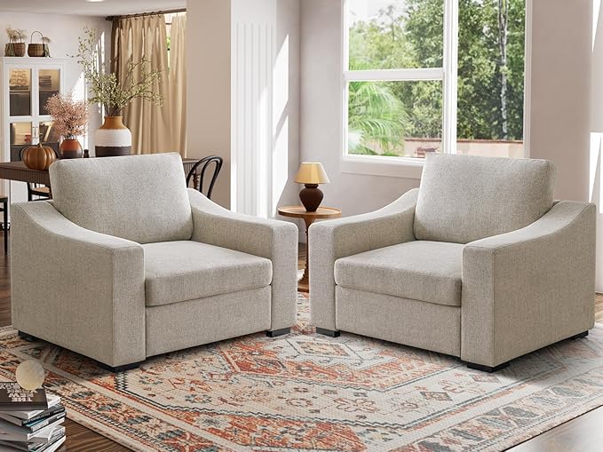 ELUCHANG 47" Oversized Accent Chair Set of 2, Linen Fabric Modern Chair with Washable Covers, Comfortable Upholstered Large Armchair for Living Room, Bedroom, Office, Oatmeal