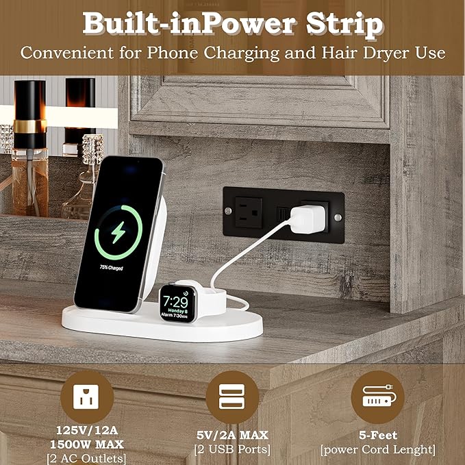 Vanity Desk with Lights, Large LED Mirror with 3 Color Modes, Makeup Vanity with Power Outlet & USB Ports, 6 Drawers & 2 RGB Glass Cabinets, Farmhouse Dressing Table for Women & Girls (Wood)