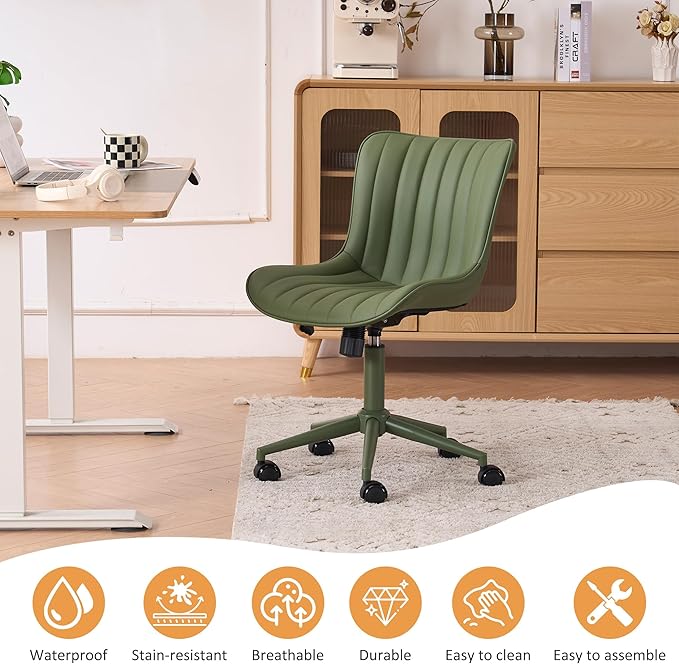 YOUNIKE Green Home Office Desk Chair with Wheels Armless Compact Comfy Vanity Chair with Adjustable Back Modern Small Leather Upholstered Rolling Swivel Cute Computer Task Sewing Chair No Arms