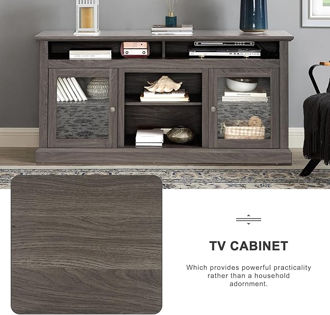 HMFULE 60" Farmhouse TV Stand for 60 65 Inch Television, Entertainment Center with 2 Storage Cabinets Glass Doors & Adjustable Shelves, Rustic Media Console Furniture for Living Room (Dark Walnut)