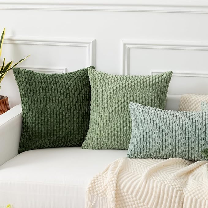 Kevin Textile Throw Pillow Covers Soft Corduroy Decorative Set of 2 Boho Striped Pillow Covers Pillowcases Farmhouse Home Decor for Couch Bed Sofa Living Room 12x20 Inch Moss Green