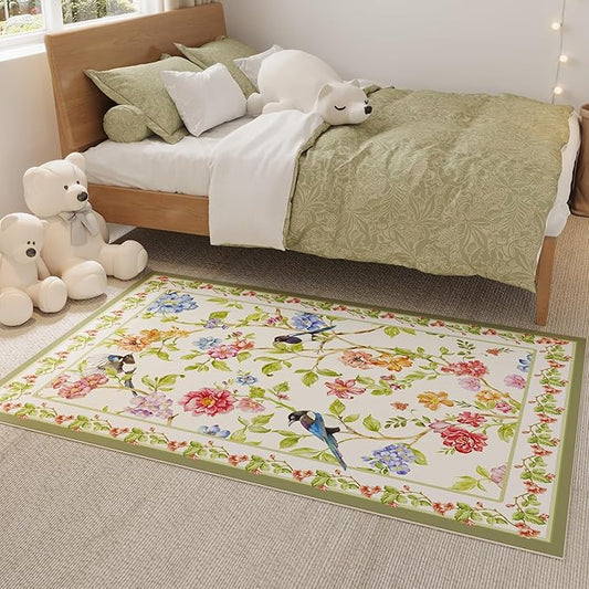 Bedroom Rug 3x5 Rug Washable Area Rug Non Slip Low Pile Floral Bird Magpies Animal Small Carpet for Bedroom, Bedside, Kitchen, Entryway, Kids Room, Office, College Dorm Essentials for Girls