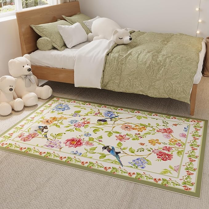 Area Rug 4x6 Rug Washable Floral Bird Magpies Rugs Non Slip Low Pile Floral Animal Small Carpet for Bedroom, Bedside, Kids Room, Office, Dining Room (White)