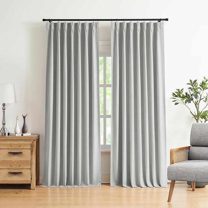 Vision Home Light Gray Pinch Pleated Full Blackout Curtains Linen Blended Room Darkening Curtain Panels 72 inch for Living Room Bedroom Thermal Insulated Pinch Pleat Drapes with Hooks 40" Wx72 Lx2