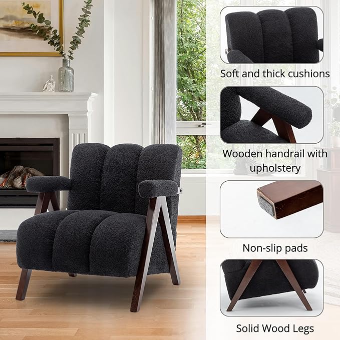 Mid Century Modern Accent Chair with Solid Wood Frame, Boucle Upholstered Living Room Chairs with Thick Cushion, Comfy Tufted Arm Chair for Bedroom, Black