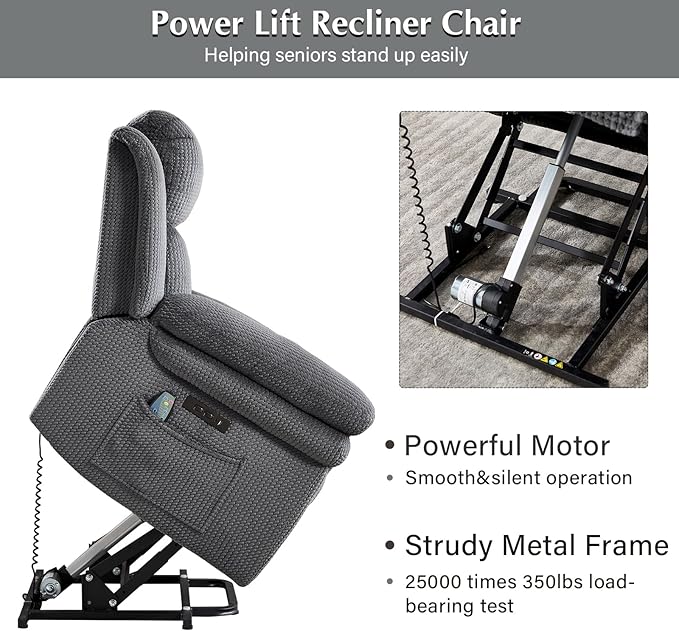 Phoenix Home Oversize Power Lift Recliner Chair with Heat & Massage for Elderly, Extra Large Electric Chair for Adult, Recliners for Living Room,2 Side Pockets, USB and Type-C Port, Dark Grey