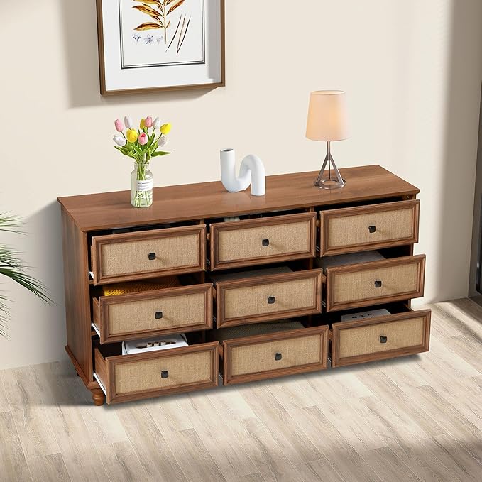 9 Drawer Dresser for Bedroom, Mid Century Modern Wide Wood Rustic Chest of Drawers Wooden Storage Organizer Dressers with Burlap Rattan Drawers for Living Room, Hallway Closet, Entryway, Walnut