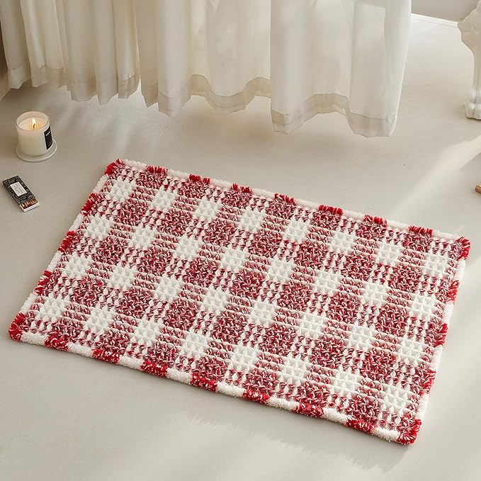 Waffle Bath Mat, Boho Bathroom Rugs Non Slip Washable Absorbent Checkered Bathroom Mat Quick Dry Cute Bath Mat, 30"x20" Red and White