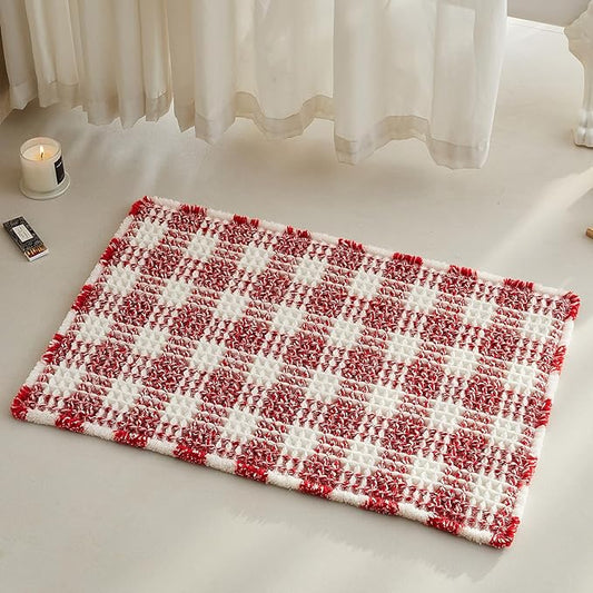 Waffle Bath Mat, Boho Bathroom Rugs Non Slip Washable Absorbent Checkered Bathroom Mat Quick Dry Cute Bath Mat, 30"x20" Red and White