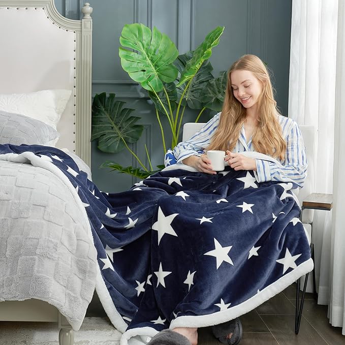 Cozy Bliss Thick Warm Sherpa Fleece Star Blanket, Double Sided Patriotic Throw Blanket Fluffy Soft Fuzzy Thick Blanket for Couch, Bed and Gifts(Navy Blue, 60" x 80")