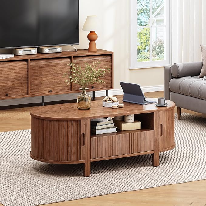 47.2 Inch Oval Coffee Table with Storage, Mid Century Modern Coffee Table with Drawer, Center Table with Sliding Door and Wood Fluted Handle for Living Room, Walnut