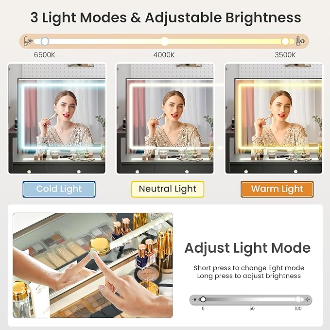 Pamapic Makeup Vanity with Crystal Knobs, Glass Top Vanity Desk with Mirror and Lights, Power Outlet, Drawers and Cabinet, 3 Lighting Color Adjustable Dressing Table, Upgraded Silent Slides, Black