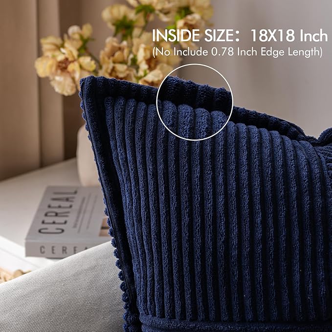 MIULEE Decorative Throw Pillow Covers for Couch Bed Livingroom 18x18 Inch Set of 2 Navy Blue Boho Accent Throw Pllows Broadside Striped Patchwork Soft Corduroy Summer Coastal Pillowcases