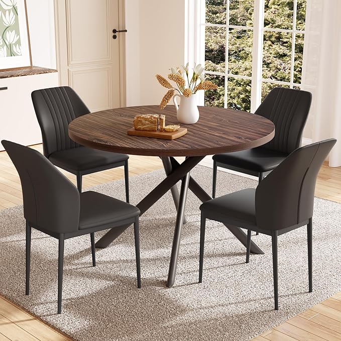 45.3'' Walnut Round Dining Table Set for 4, Mid Century Modern Small Coffee Set for Dining Room Kitchen Apartment (Walnut Table + 4 Black Chairs)