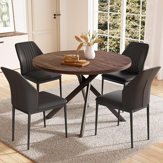 45.3'' Walnut Round Dining Table Set for 4, Mid Century Modern Small Coffee Set for Dining Room Kitchen Apartment (Walnut Table + 4 Black Chairs)