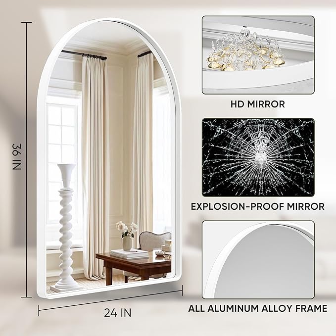 Suidia 24" x 36" Bathroom Mirror, Bathroom Vanity Mirror Metal Framed, Wall-Mounted Mirrors for Bedroom, Living Room, Entryway, Hallway, White, Arch Style