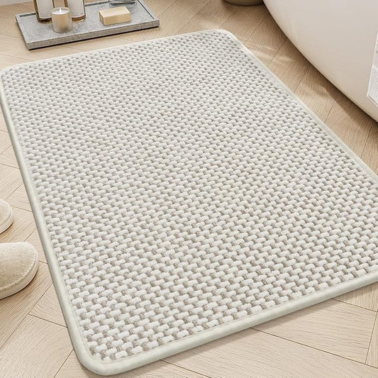 AMOAMI Chenille Bath Mat Super Absorbent Bathroom Mat Quick Dry Bath Mats for Bathroom Rubber Backed Bathroom Rugs Non Slip Washable Fit Under Door, Front of Bathtub, Sink, Beige&White 20"x32"