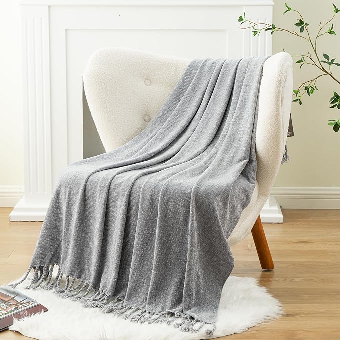 BATTILO HOME Gray Chenille Throw Blanket for Couch, Decorative Soft Knit Throw Blanket with Fringe Tassels, Lightweight Throw Blanket for Home Decor, 50"x60"