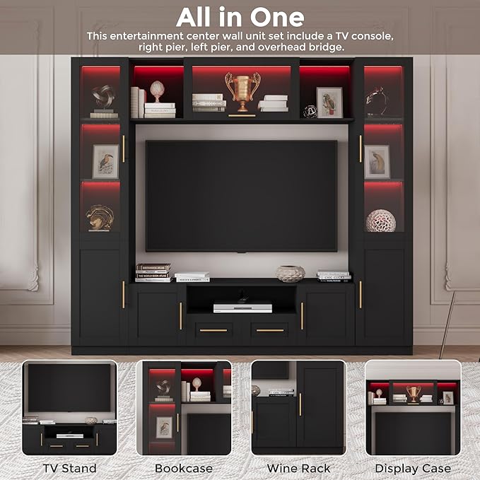 94" Wall Unit Entertainment Center for TVs up to 70", Modern TV Console with LED Lights, Multifunctional TV Stand with Tempered Glass Door, Drawers & Shelves for Living Room, Black