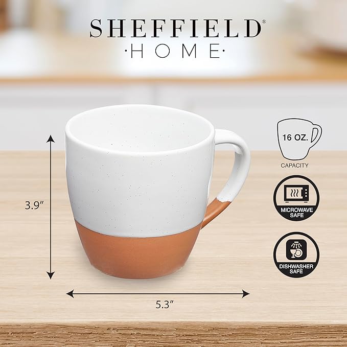 Sheffield Home - Set of 4, Large Stoneware 16oz Coffee Mugs with Handles - Dishwasher & Microwave Safe Ceramic - Ideal for Cappuccino, Espresso, Latte, or Tea - Vanilla White