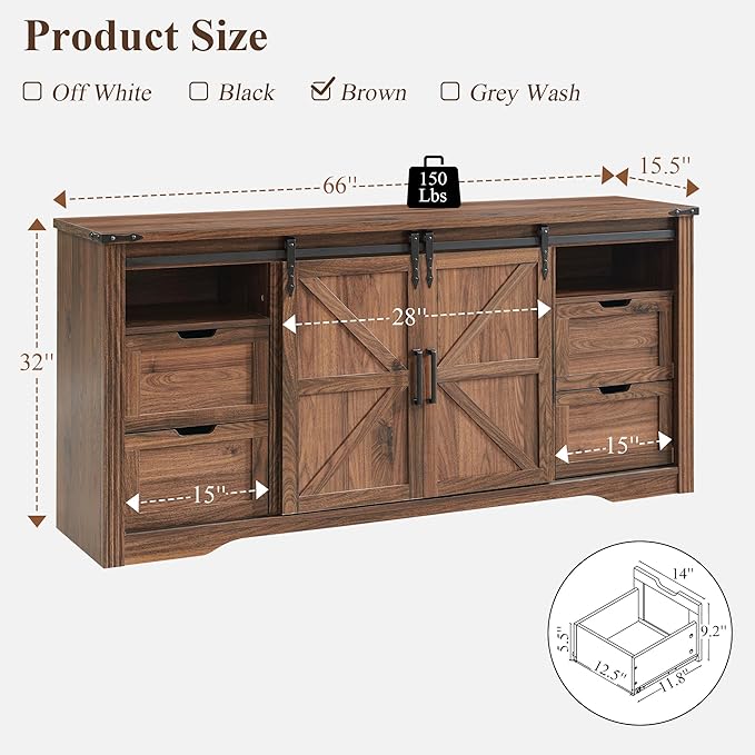 LINGMU Farmhouse TV Stand for 75 80 Inch TV, 32" Tall Entertainment Center w/4 Drawers & Sliding Barn Door, Rustic Media Console w/Storage Shelves, 66" Wood Television Stand for Living Room, Brown
