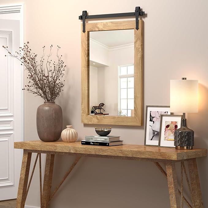 Farmhouse Bathroom Mirror 26”x40” Rustic Wood Framed Wall Mirror Barn Door Mirror for Wall (Brown)
