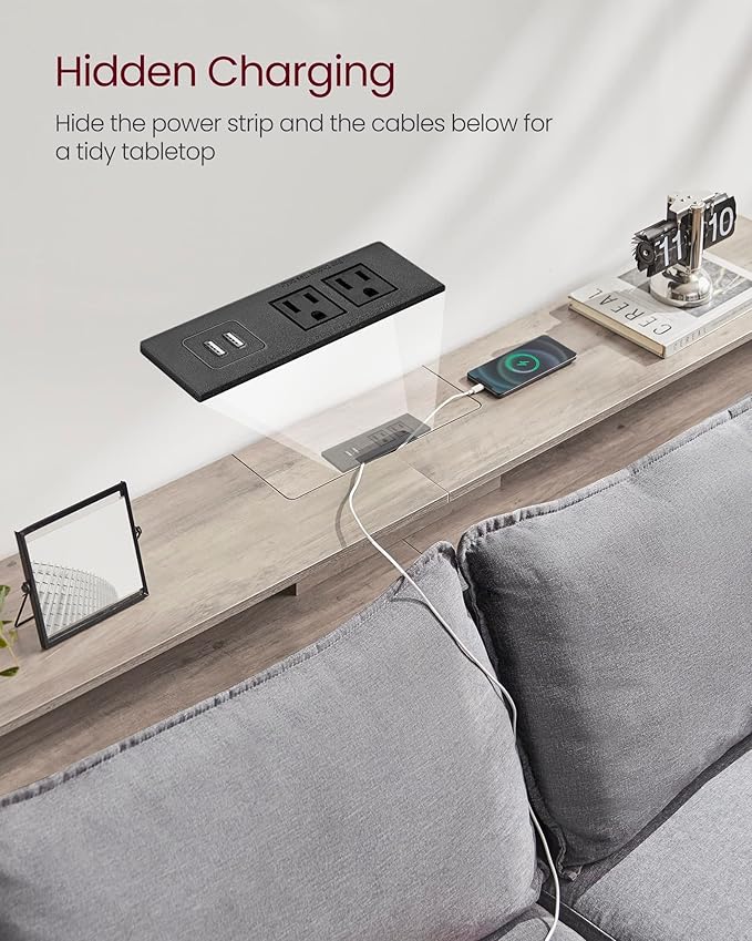 VASAGLE 70.9-Inch Console Table with Outlet and Shelves, Sofa Table with Charging Station, Behind Couch Table Skinny, Entryway Table for Hallway, Living Room, Heather Greige and Ink Black ULNT118B02